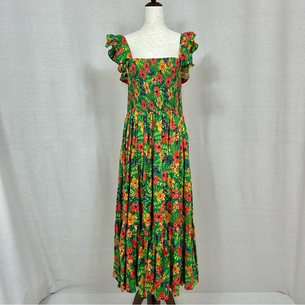 Green and Red Orange Ruffled Maxi Sundress with Flutter Sleeves